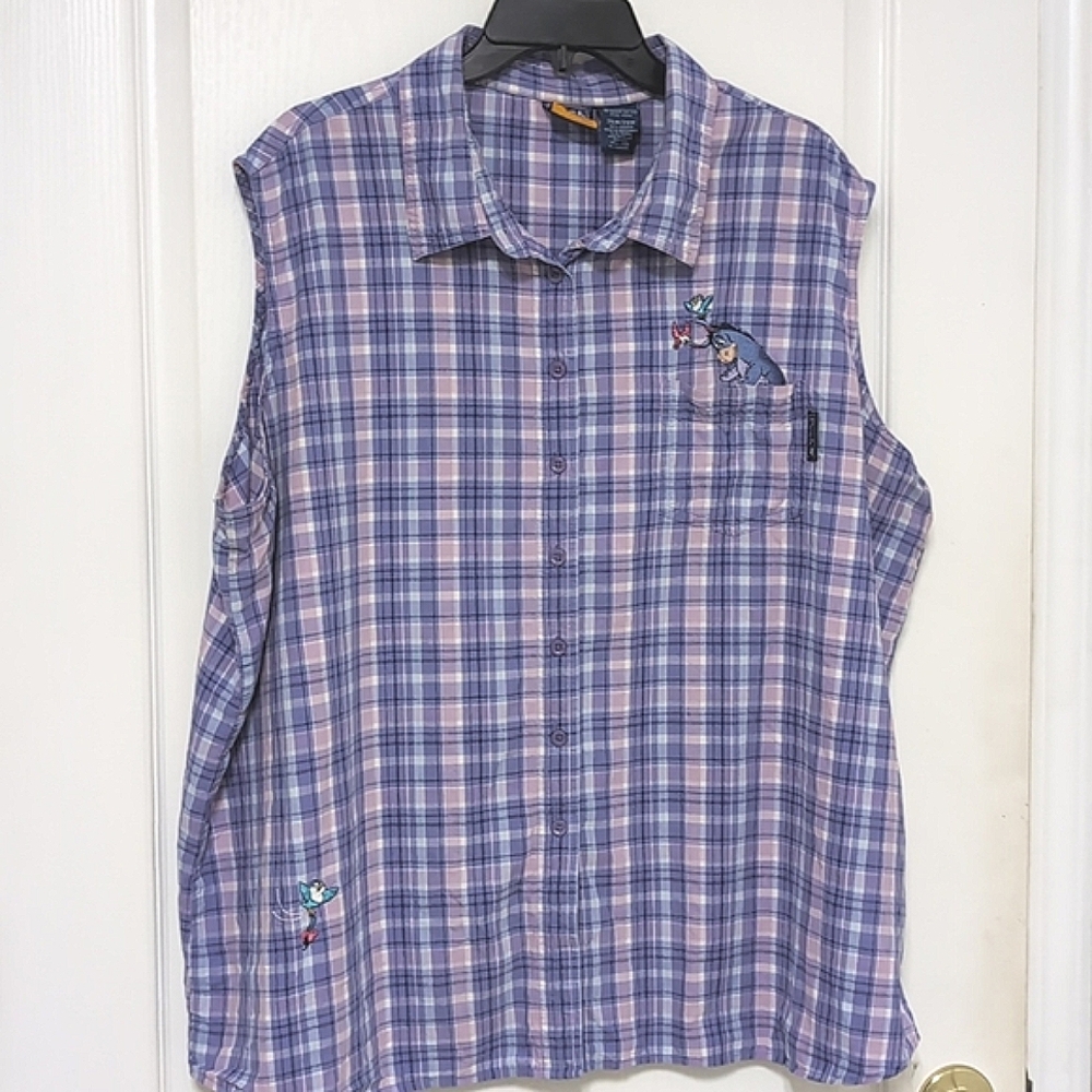 Disney Pooh Eeyore Embroidered Pastel Plaid Sleeveless Blouse.  26/28W
